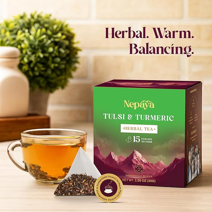 Nepaya Tulsi & Turmeric Herbal Tea – 15 Pyramid Tea Bags, Holy Basil Blend with Cinnamon & Black Pepper, Biodegradable, Caffeine-Free, Himalayan Tisane