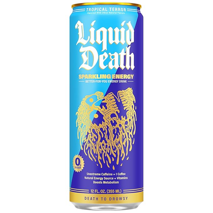 Liquid Death Sparkling Energy - Tropical Terror (Classic Piña Colada), Sugar-Free Energy Drink, Unextreme Caffeine 100mg, Essential Vitamins, 12 Fl Oz (Pack of 12)