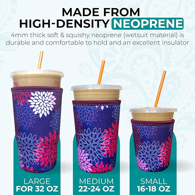 Koverz Iced Coffee Sleeve, Insulated Neoprene Cup Sleeve, Fits a 24 Oz. Coffee Cup, Washable and Reusable, Iced Coffee Accessories, Medium Seawater