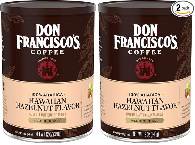 Don Francisco's Hawaiian Hazelnut Ground Flavored Coffee: Rich, Aromatic 100% Arabica Beans - (12 oz Recyclable Can) (Pack of 2)