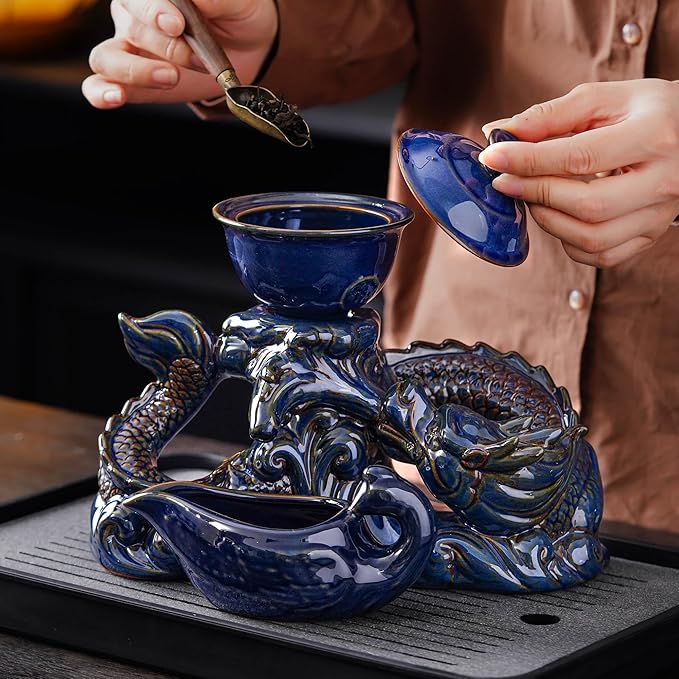 Semi Automatic Tea Set Ceramic Teapot with Infuser Magic Teapot with 8 cups (Dark Blue Dragon-D)