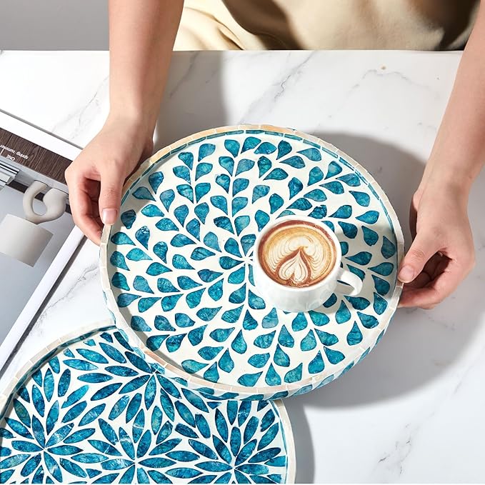 Chunful Mother of Pearl Round Serving Tray Wood Coffee Table Tray 10.4 Inch for Tea Breakfast Kitchen Cabinet(Teal Floral Style)