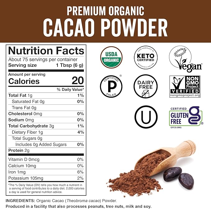 Organic Cacao Powder, Unsweetened, 1 lb (454 g) – Rich Dark Chocolate Flavor, Perfect for Baking, Smoothies & Hot Chocolate – Vegan, Keto, Paleo, Non-GMO & Gluten-Free Cocoa Powder