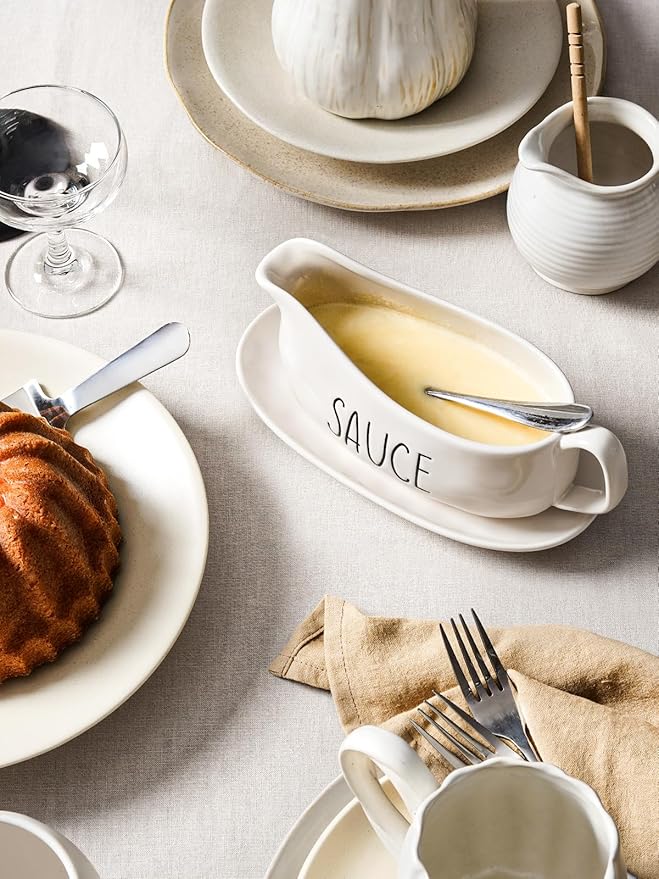 LE TAUCI Gravy Boat with Saucer Stand 16oz, Ceramic Sauce Boat with Tray for Salad Dressings, Creamer, Broth, Black Pepper, Set of 1, Oyster White