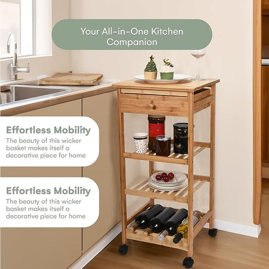 Hallops Kitchen Cart with Drawer and Basket - Brown Kitchen Cart Island for Small Spaces - Extra Counter Space or Spice Rack - Portable Dining Table with Wheels - Elegant Solid Wood Top, Spice Drawer