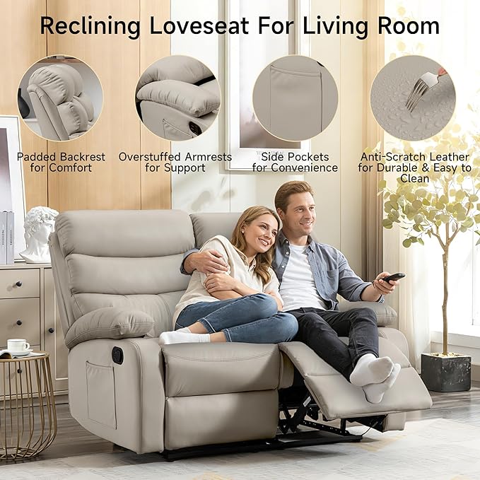 Reclining Loveseat, Anti-Scratch Leather Double Recliner Sofa with Side Pocket, Wall Hugger Loveseat Recliner for Living Room, RV, Home Theater(Beige)