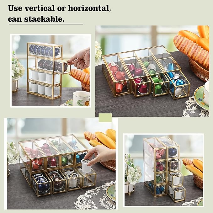 ELLDOO Coffee Pod Holder with 4 Drawers, Gold Glass Coffee Pod Organizer for K Cup Espresso, Clear Coffee Capsule Storage Holder for Coffee Bar Office Home Coffee Station Counter