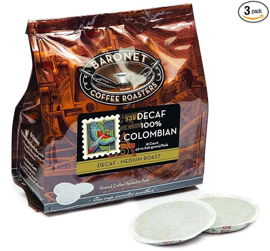 Baronet Coffee Pods [DECAF Colombian -54 Pods] Single Cup Use Like Senseo - 3 Bags of 18 Single Serve 8 Gram, Regular Strength, Medium Roast [DECAF Colombian]