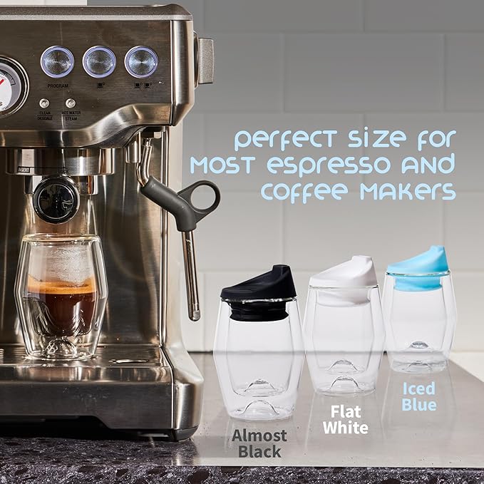 To-Go Espresso Glass Travel Mug with Lid, Reusable Double Wall Glass Tumbler, Fits Most Coffee Makers/Cupholders for Your Car, Gifts for Coffee Lovers 3-Pack Black, White & Blue Cortado Cups