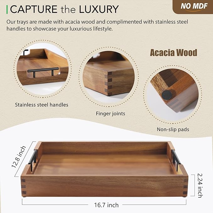 Joy&Grace Ottoman Tray for Living Room, Large Acacia Wooden Serving Tray with Handles for Coffee Table, Breakfast in Bed, Food Dinner, Decorative Tray (Color Natural, 16.7" x 12.8" x 2")