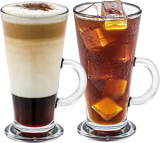 Crystalia Irish Coffee Glasses Set of 2, Latte Mugs with Handle, Clear Tall Glasses for Iced Coffee, Latte, Cappuccino, Hot Chocolate, and Hot Toddy (Small 9 oz)
