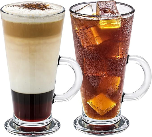 Crystalia Irish Coffee Glasses Set of 2, Latte Mugs with Handle, Clear Tall Glasses for Iced Coffee, Latte, Cappuccino, Hot Chocolate, and Hot Toddy (Small 9 oz)