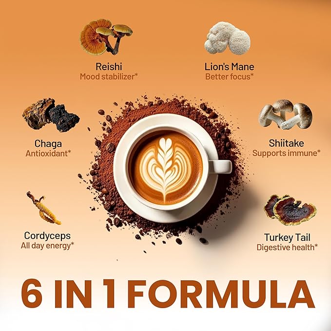 Neumina 6-in-1 Mushroom Coffee | Energy Coffee with 6 Adaptogenic Mushrooms(Cordyceps, Lion's Mane, Reishi, Chaga, Shiitake, Turkey Tail), 30 Servings, 1200mg Mushrooms