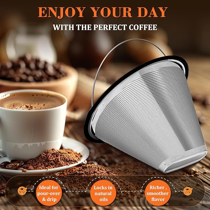Upgraded Stainless Steel #4 Coffee Filter for Technivorm Moccamaster KBGV, KBT, Reusable #4 Coffee Filter, Durable Metal Mesh, for Richer, Fuller Coffee Flavour