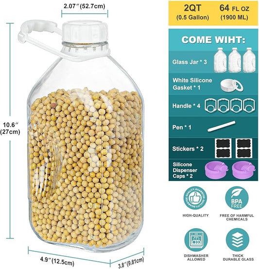 3 Pack 64 Oz Heavy Duty Glass Milk Bottle with 2 Silicone Spouts, 4 Handles and 4 Reusable Airtight SCREW LIDS, 2 Qt Glass Water Bottle with 2 Exact Scale Lines - Milk & Juice Jug Pitcher