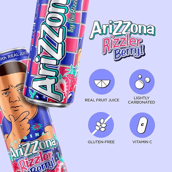 AriZona Rizzler Berry, Fruit Juice Soda Drink, Lightly Carbonated - Big Can, 22 Fl Oz (Pack of 12)