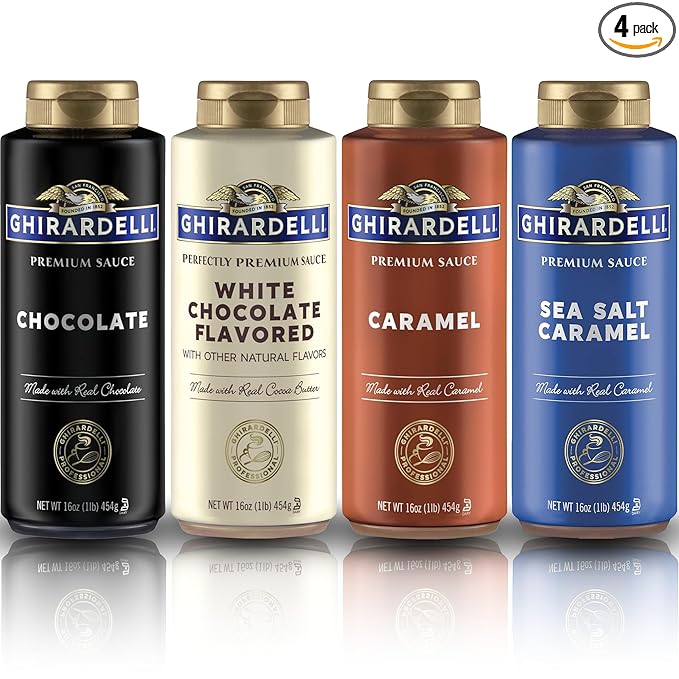Ghirardelli Chocolate Sauce Variety Pack | 16 oz Bottles (Pack of 4) | Classic Chocolate, Rich Caramel, Creamy White Chocolate, and Sea Salt Caramel Dessert Toppings