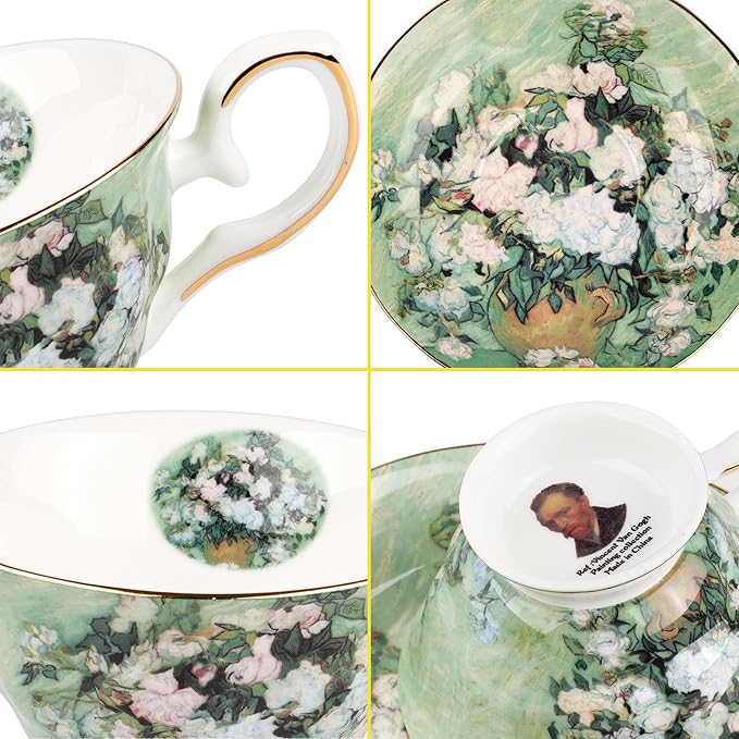 Floral Tea Cups Saucers Set of 2, Vangogh Paintings Bone China 7 oz British Teacups Porcelain Tea Cups Coffee for Rose Teacups Cappuccino Espresso Latte (White Roses & Flowers Vase)