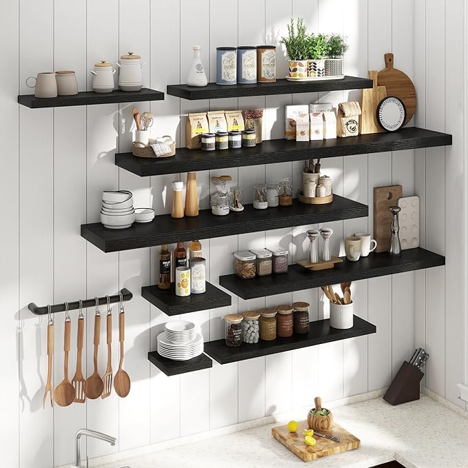 Floating Shelves for Wall with Invisible Brackets, Wall Mounted Engineered Wood Shelves with Wood Grain for Living Room, Bedroom, Bathroom, Kitchen Decor and Storage, Oak, 55"L Set of 2, Black
