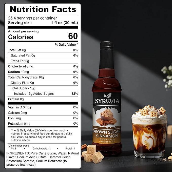 Syruvia Coffee Syrup, Brown Sugar Cinnamon Flavored Syrup for Drinks, Lattes, and Desserts – 25.4 fl oz