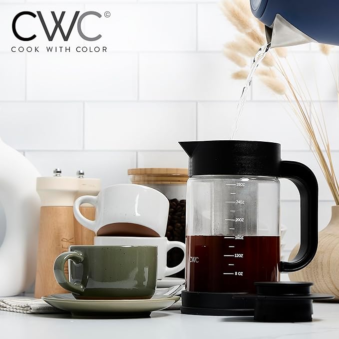 COOK WITH COLOR Cold Brew & Tea Maker - High Borosilicate Glass, PP Handle and Cover, 304 Stainless Steel Filter, TPR Base - Black