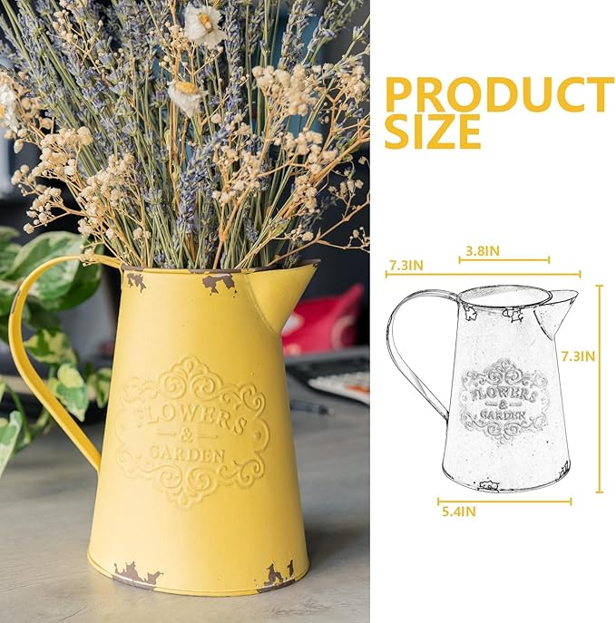 APSOONSELL Yellow Metal Flower Vase Vintage Jug Pitcher Shabby Chic Decor Rustic Farmhouse Kitchen Decor for Home