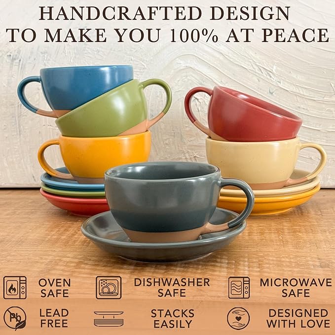 MORA Ceramic Latte Art Mug With Saucer - 10.5 oz, Round Bottom For Perfect Pours - Cafe Cups for Cappuccino, Espresso, Coffee, Tea etc - Porcelain Set for Baristas, Great Gift - Shadow Grey