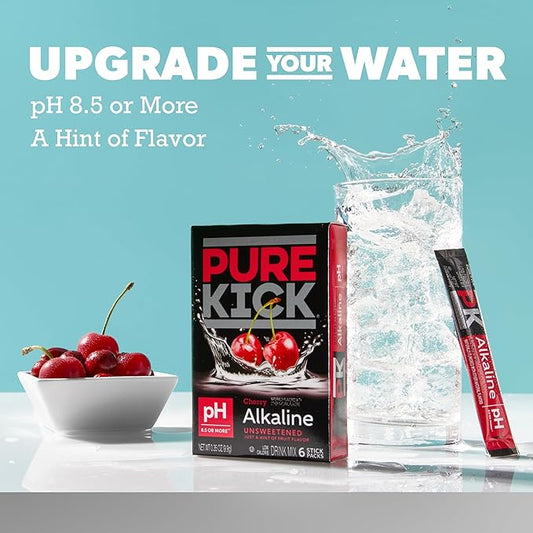 Pure Kick Alkaline pH 8.5 or Higher Cherry Powdered Drink Mix Packets, Unsweetened with a Hint of Flavor -, 72 Total Packets (12 Boxes, 6 Each), Singles to Go!