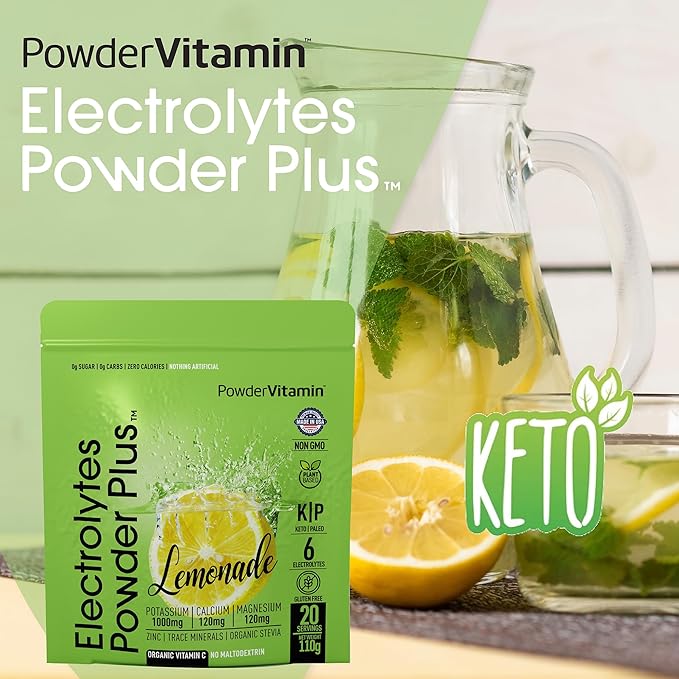 PowderVitamin Electrolytes Powder Plus (20 Servings) Lemonade Electrolyte Powder, No Maltodextrin, Keto,Sugar Free,Pink Himalayan Salt,1000mg Potassium,120mg Calcium,120mg Magnesium,Hydration Powder
