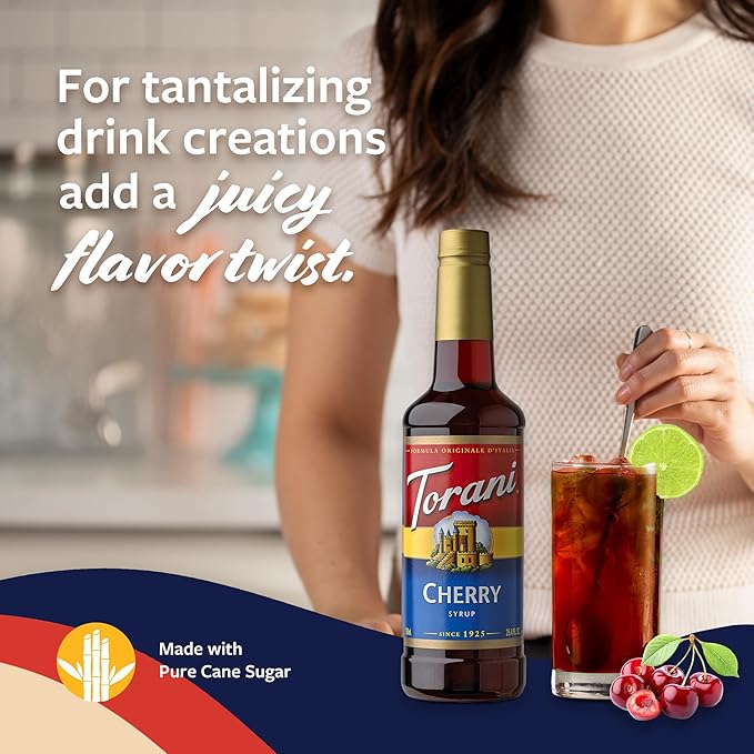 Torani Cherry Syrup for Drinks, Flavoring for Iced Tea, Lemonade, and Sodas, Pump Included, 25.4 Oz