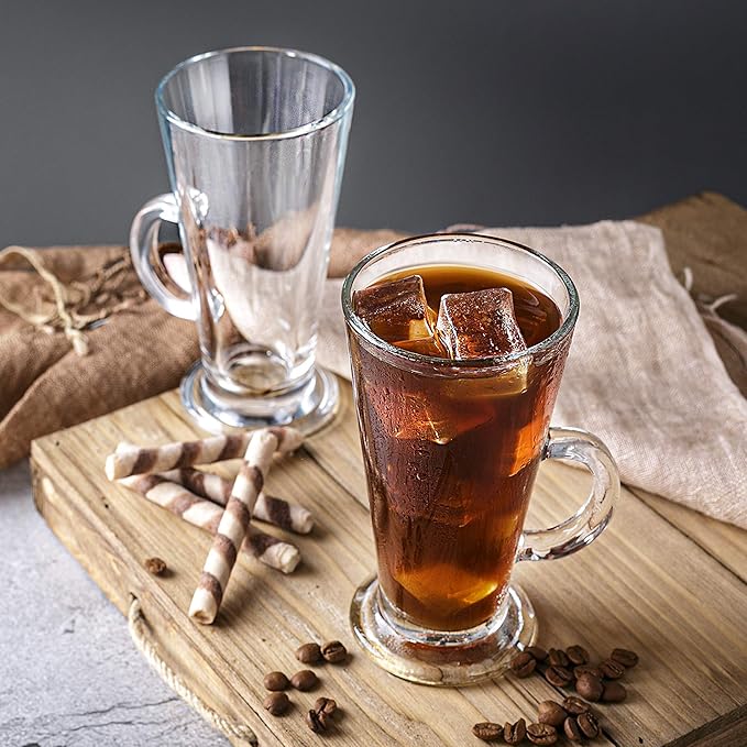 Crystalia Tall Irish Coffee Mugs with Handle, Large Colombian Glasses Set of 2, Tall Funnel Clear Glasses for Iced Coffee, Latte, Cappuccino, and Hot Chocolate, Big Plain Glass (Large 12 oz)