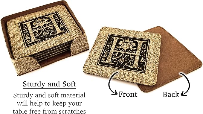 Smile Art Design Family Monogram Custom Coaster Set of 6 with Base Holder Square Burlap Material Family Name Personalized Prints Personalized Gifts House Warming Wedding Gift Rustic Decor Style7