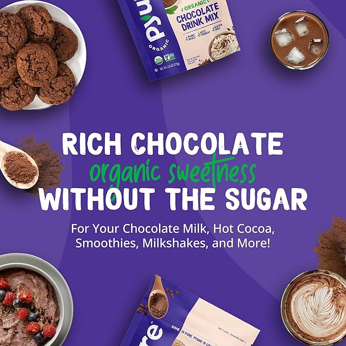 Pyure Organic Sugar Free Chocolate Drink Mix | Low Carb Chocolate Milk Powder with Cocoa | Keto, Vegan, Gluten-Free, Plant-Based | 1 Net Carb, Zero Sugar, Non-GMO, USDA Organic | 7.23 oz (Pack of 2)