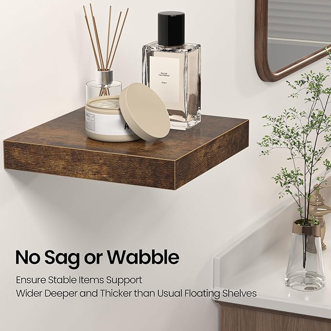 Square Floating Shelves for Wall, 12"W x 12"D x 1.4"H, Small Wooden Wall Mounted Display Shelf with Invisible Brackets for Living Room, Bedroom, Bathroom, Kitchen Decor, Set of 3, Rustic Brown