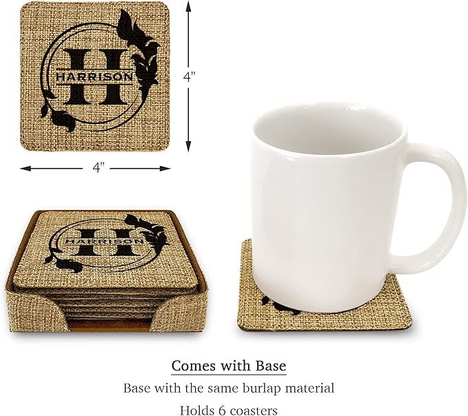 Smile Art Design Family Custom Monogram Coaster Set of 6 with Base Square Burlap Material Family Name and Date Personalized Prints Personalized Gifts House Warming Wedding Gift Rustic Decor Style1