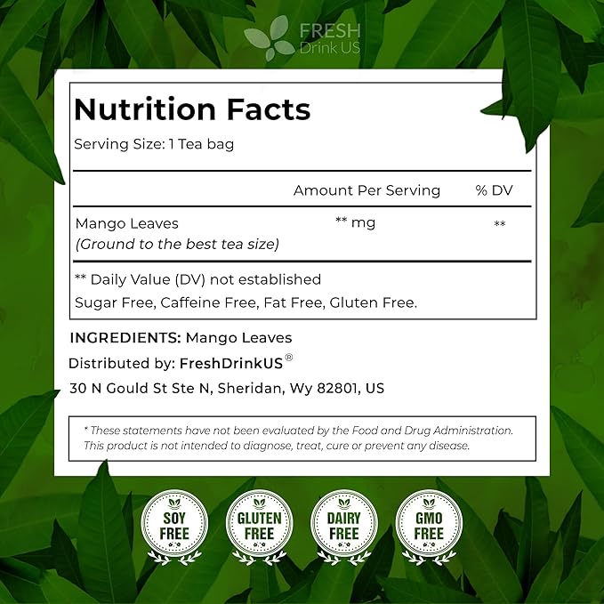 FreshDrinkUS, Premium 60 Mango Leaf Tea Bags, 100% Natural & Pure from Mango Leaves. Loose Leaf Herbal Tea. No Sugar, No Caffeine, No Gluten, Vegan.