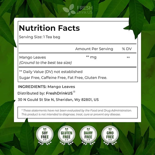 FreshDrinkUS, Premium 60 Mango Leaf Tea Bags, 100% Natural & Pure from Mango Leaves. Loose Leaf Herbal Tea. No Sugar, No Caffeine, No Gluten, Vegan.