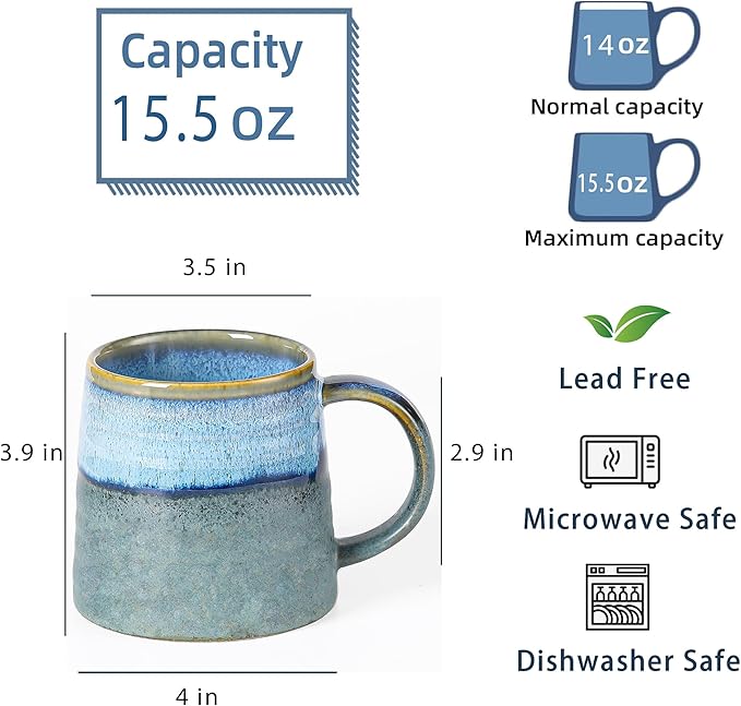Large Ceramic Coffee Mug, Handmade Pottery Mugs, Tea Cups with Big Handle for Office and Home, 15.5 oz, Dishwasher and Microwave Safe (Rock Green)