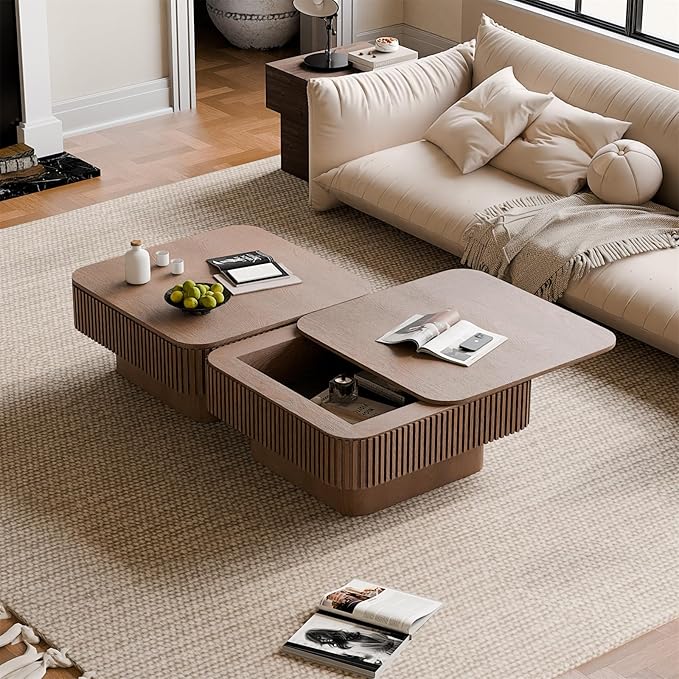 SZTHHDF Square Coffee Table for Living Room,Fluted Drum Accent Tea Center Table with Storage,Solid Wood Modern Coffee Tables for Small Space Office Apartment (31.5" L×31.5''W×14''H-Walnut)