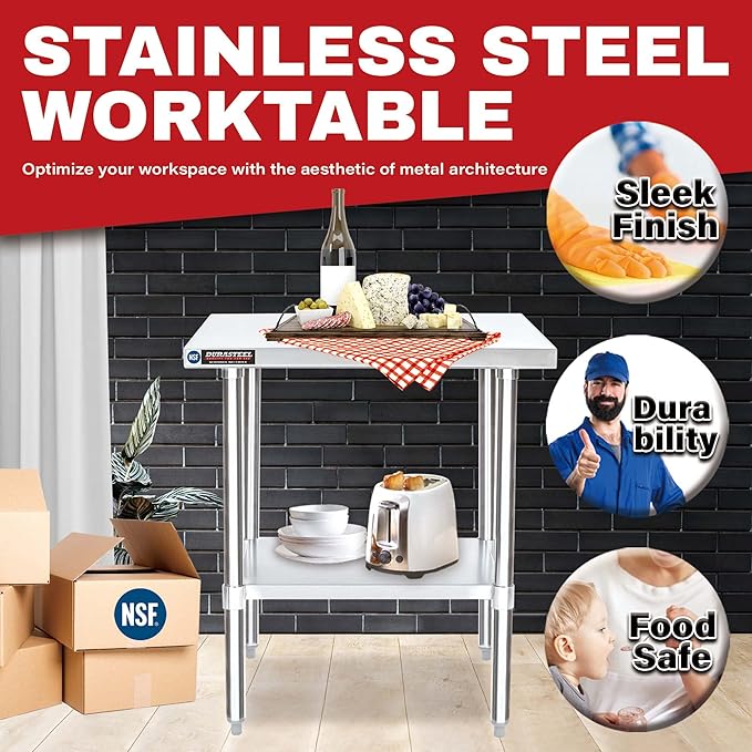 DuraSteel 30x18 Small Stainless Steel Table - NSF Commercial Kitchen Island Food Prep Worktable - Metal Side Mixer Stand with Under Shelf - For Laundry Room, Kitchen, Outdoor Grill, Tiny Spaces