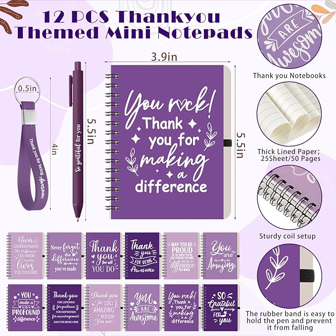 Skylety 12 Set/48 Pcs Employee Appreciation Gifts Bulk Christmas Thank You Gift Set 16 oz Coffee Cups Mini Spiral Notebooks Pens Keychains for Staff Team Teacher Coworker (Purple Gradient)
