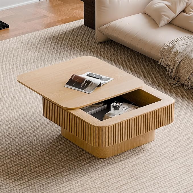 SZTHHDF Square Coffee Table for Living Room,Fluted Drum Accent Tea Center Table with Storage,Solid Wood Modern Coffee Tables for Small Space Office Apartment (31.5" L×31.5''W×14''H-Natural)