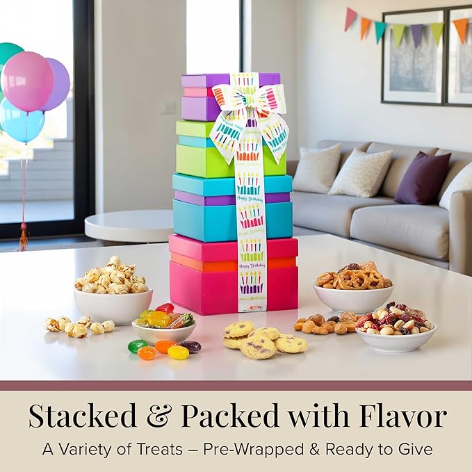Broadway Basketeers Birthday Gift Basket Tower - Birthday Snack Box with Sweet and Savory Treats for Men, Women, & Kids
