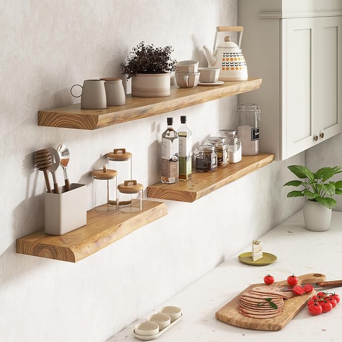 Live Edge Elm Floating Shelves for Wall Decor, Rustic Solid Wood Shevles Wall Mounted with Invisible Bracket for Living Room Bathroom Bedroom Kitchen, 55 Inch Set of 1, Natural