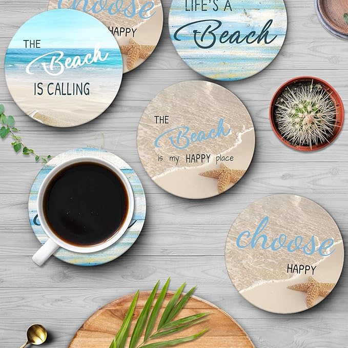 Britimes Coaster for Drinks Set of 6, Beach Shell Antique Teal Blue Table Absorbent Round Ceramic Stone Mat, with Cork Base and Metal Holder, Gift for Housewarming Room Bar Decor