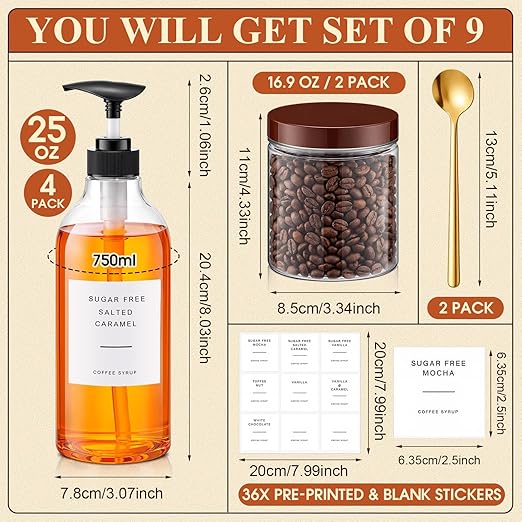 9 Pcs Coffee Syrup Dispenser Set 25 oz Plastic Coffee Syrup Dispenser Pump Bottle 16.9 oz Pet Jar with Lids Gold Spoon and Labels for Home Bar Organization