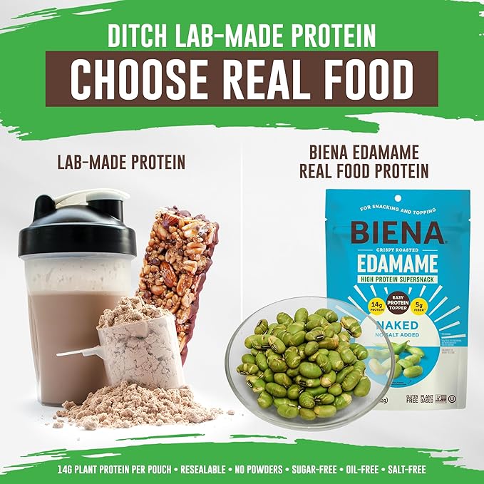 Biena Crispy Roasted Edamame Beans Snack – Naked – No Salt Low Sodium High Protein Snack for Adults & Kids, 14g Protein per Serving – Sugar/Oil/Salt Free – Vegan, Low Carb, Gluten-Free – 3-Pack 4.75oz