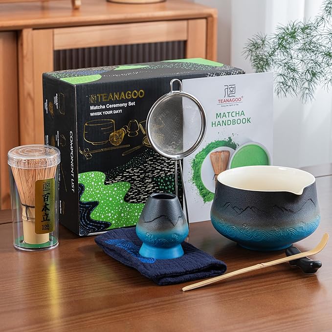 TEANAGOO 7 Pcs Matcha Whisk Set, Ceramic Matcha Set, Matcha Kit for Ceremony, Matcha Tea Set for Making Breakfast/Latte, Whisk Set and Bowl with All Accessories, Gift for Matcha Lover