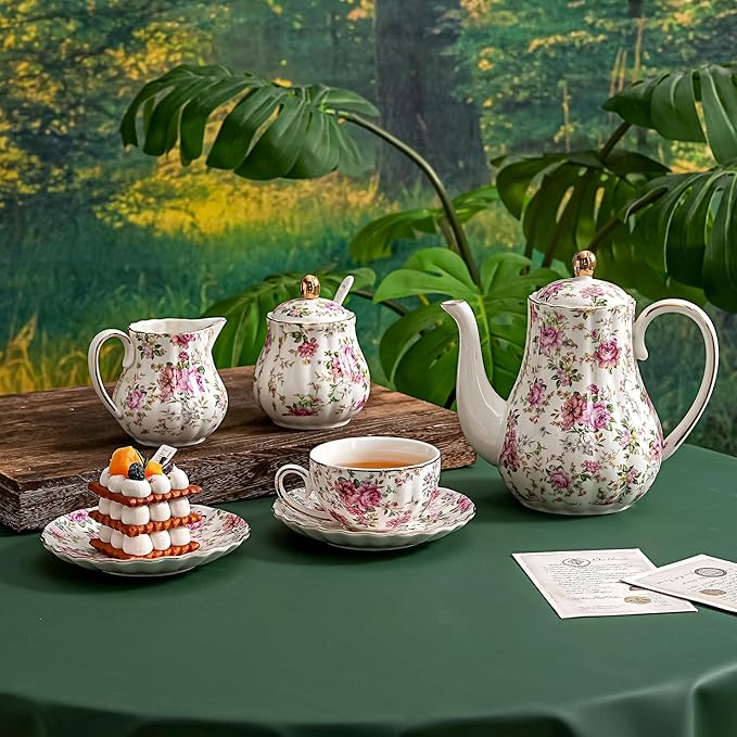 Tea Cup and Saucers, 6.4oz Floral Tea Cups with Gold Trim, Porcelain Teacup, Coffee Cappuccino Espresso Latte Mugs for Party Birthday,Party Cafe Home, Christmas Gift (White)