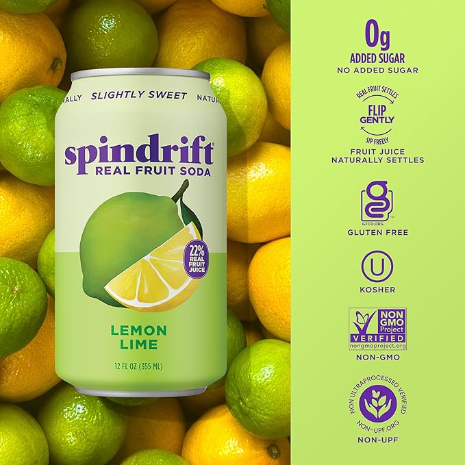 Spindrift "Lemon Lime" Soda, Made with Real Squeezed Fruit, Pack of 12